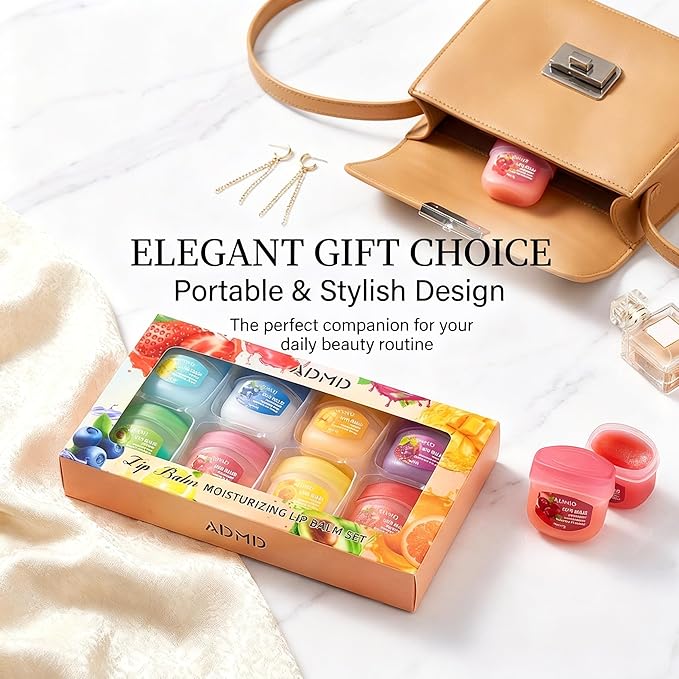 8 Packs Fruit Flavor Mini Lip Balm Set, 8 Pack Fruit Lip Balm for Dry Chapped Lips, Small Lip Balm Bulk Moisturizing, Cute Lip Care Products, Long Lasting Hydration, Mini Chapstick Set