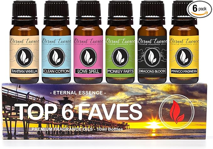 Top 6 Faves - Set of 6 Premium Fragrance Oils - Love Spell, Tahitian Vanilla, Clean Cotton, Mango, Dragon's Blood and Monkey Farts - 10ML