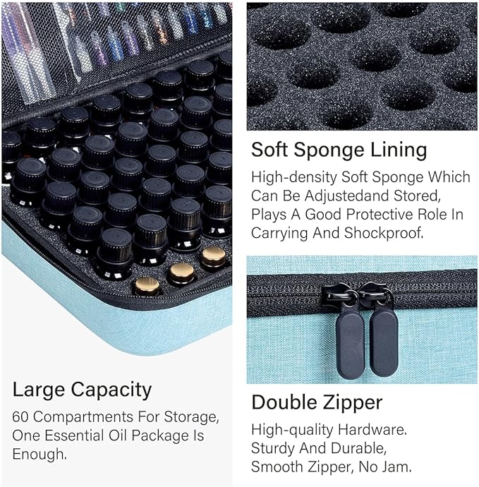Essential Oils Carrying Case Holds 60 Grids for 1-3ML Roller Bottles 5ml, 10ml, 15ml Bottles Storage Organizer Bag Hard Shell EVA, Essential Oil Bag with Detachable Sponge Pad Sky Blue