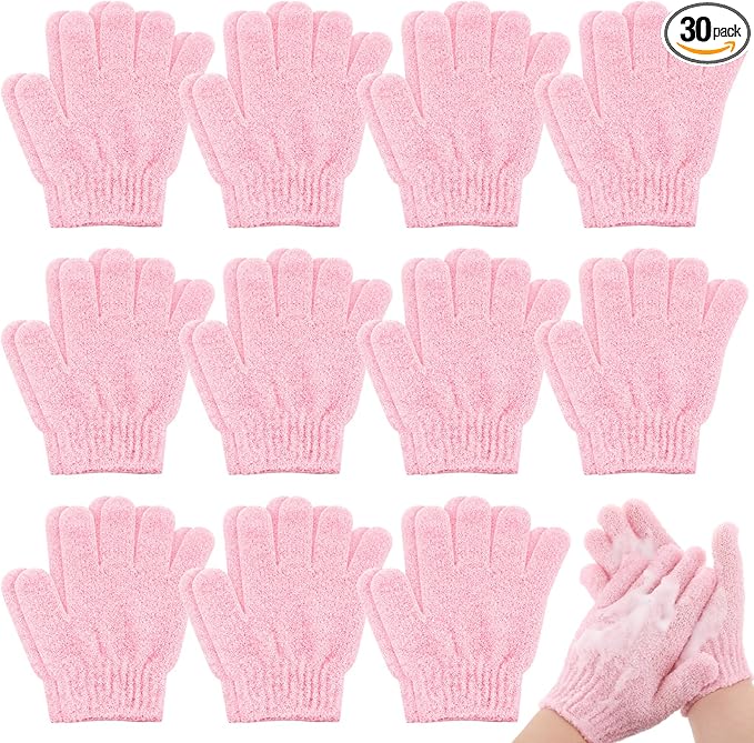 Ramede 30 Pair Exfoliating Glove Double Sided Exfoliating Bath Gloves Pack Nylon Colorful Shower for Men Women Beauty Spa Massage Shower Deep Clean Body Skin Bathing Scrubber Disposable(Pink)
