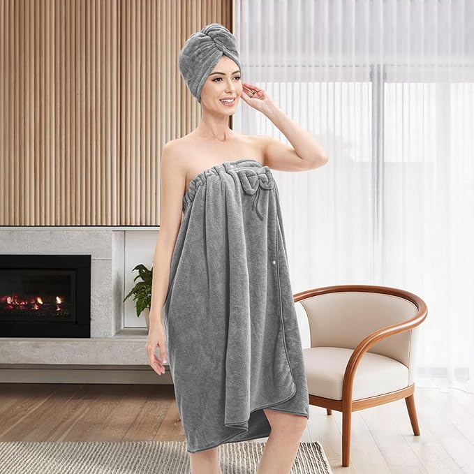 Bath Wrap Towels for Women – Adjustable Spa Shower Wrap with Super Absorbent Microfiber, Quick-Dry Body & Hair Towel Set for Home, Hotel, Beach, Pool, Gym, Travel – Grey