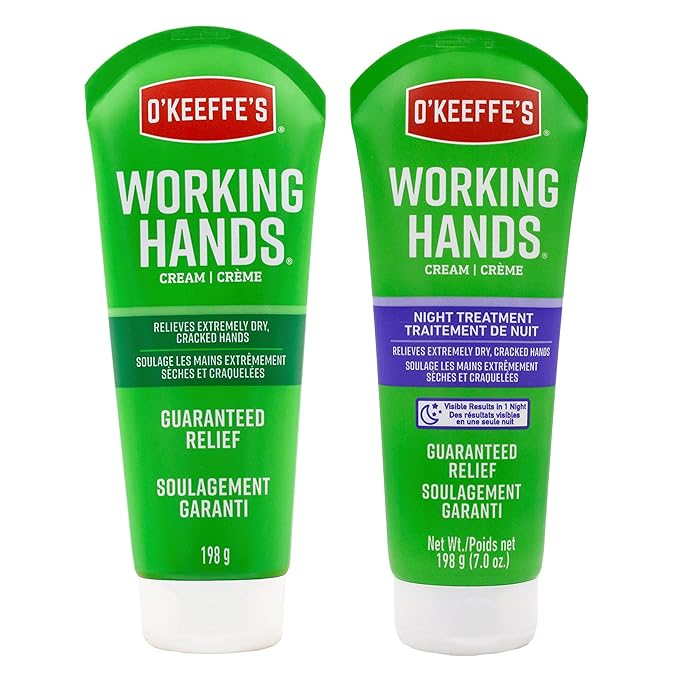 O'Keeffe's Working Hands Hand Cream Plus Night Treatment Cream Bundle - 7 oz Tubes (2 Total) - Repairing Skincare for Cracked, Dry Hands