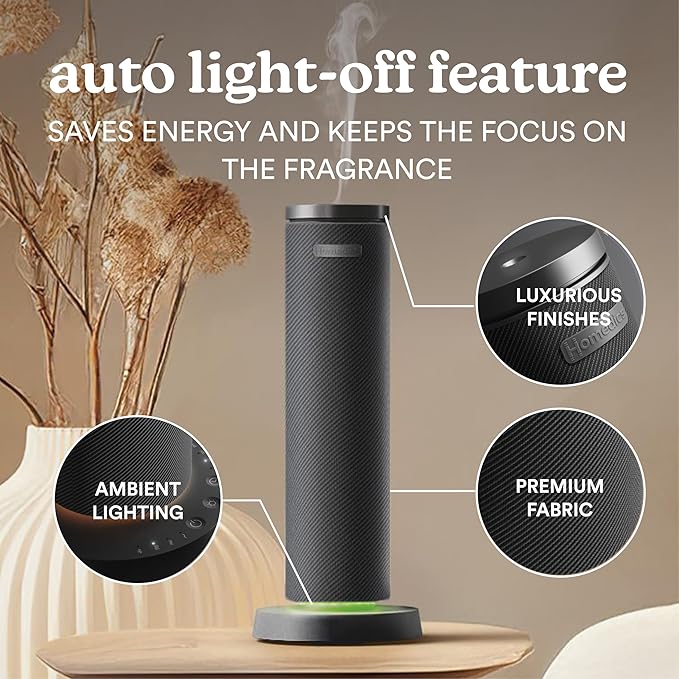 Homedics SereneScent Waterless Essential Oil Diffuser, Cordless Rechargeable Aromatherapy Diffuser for Home, Large Room Scent Machine, Timer, App Control, 6 LED Lights, No Water Needed, Black