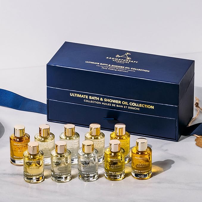 Aromatherapy Associates Essential Oil Blends – Luxury Body and Shower Oils for Dry Skin and Daily Aromatherapy, 10-Pack (0.30 fl oz Each) in Decorative Gift Box