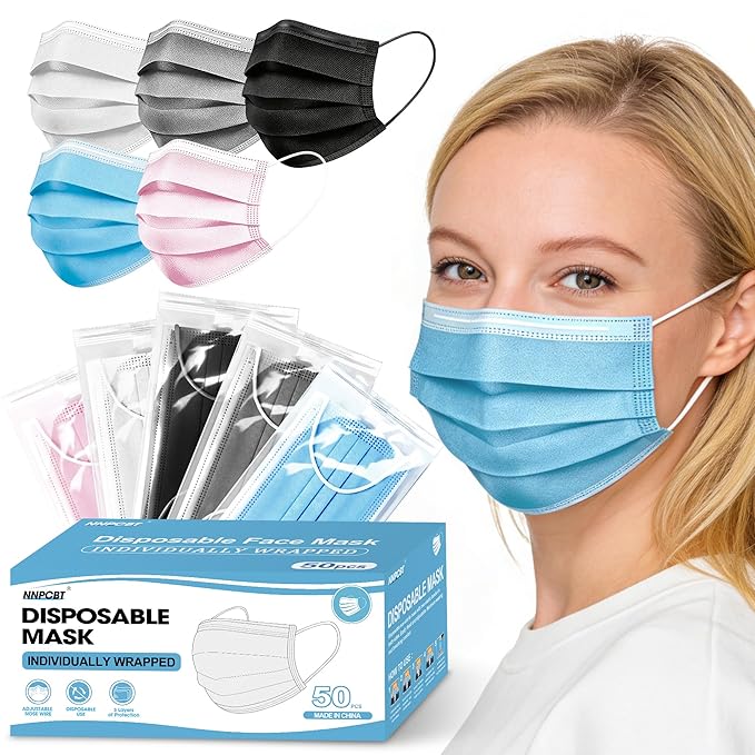 NNPCBT 5 Color Disposable Face Masks 50pcs, Individually Wrapped Masks for Adults, 3-Ply Breathable Disposable Mask For Outdoors, Home, Office, School