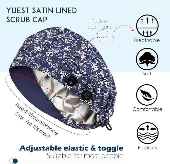 2 Pack Satin Lined Bouffant Scrub Caps with Buttons, Adjustable Scrub Caps for Women Men