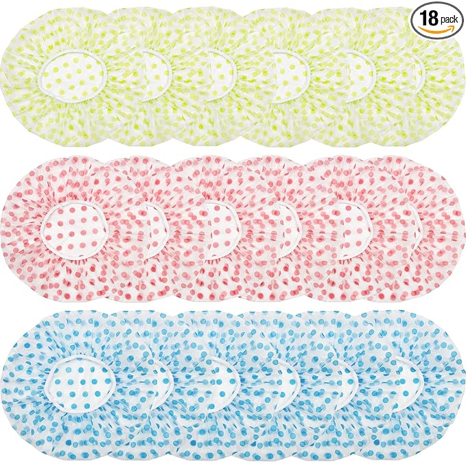 18Pcs Plastic Shower Caps for Women Reusable Waterproof Bath Caps Bathing Hair Cap Shower Caps for Shower,Spa,Salon,Housework,Girls,Home,Travel (Pink+Blue+Green)
