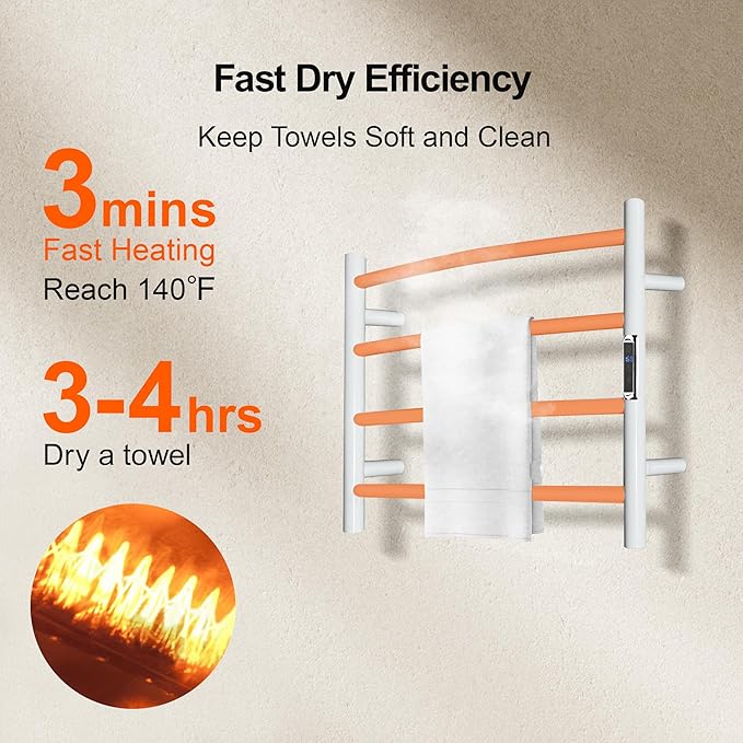Towel Warmer with Built-in Timer Bathroom Wall Mounted Bath Towel Heater Plug-in Electric Heated Towel Rack Stainless Steel Curved Round Oil Rubbed Drying Rack 16.54x23.62x5.51 inches White