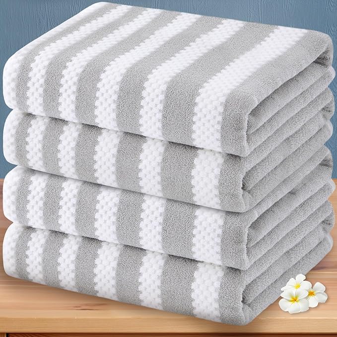 Waffle Bath Towels, 4PC 28" x 52" - 100% Cotton | Quick Dry | Light Weight | Soft | Breathable, Striped Bath Towels for Bathroom, Shower Towel Gift Set, Gray Stripes and White Checker/Waffle