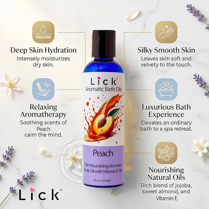Lick Peach Aromatic Bath Oil - Fruit Aroma - Calming Floral Scents - Aromatherapy Oils for Bath Relaxation, 4 oz