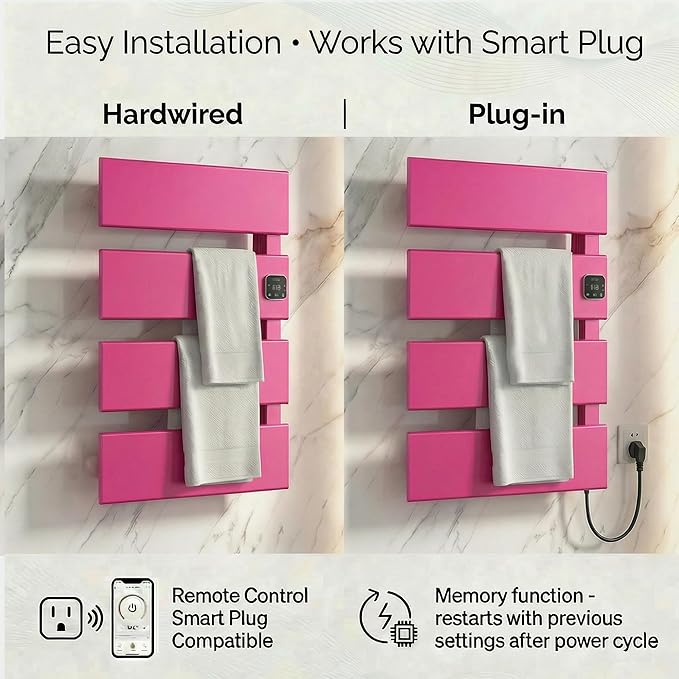 Electric Towel Warmer, Heated Towel Rack with Thermo Control and Timer, Fast Heating Towel Rail for Bathroom with Memroy Function, Work with Smart Plug, Right-Wiring, 4 Panel, Pink