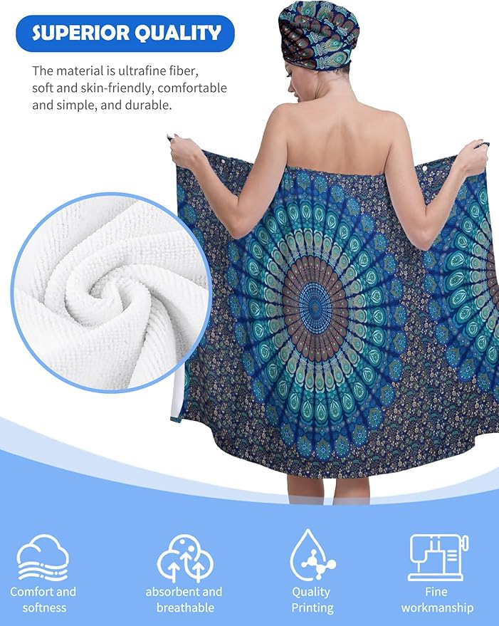 Women's Spa Bath Towel Wrap Set with Hair Turban, Blue Peacock Mandala Pattern, 31.5x59 Inches