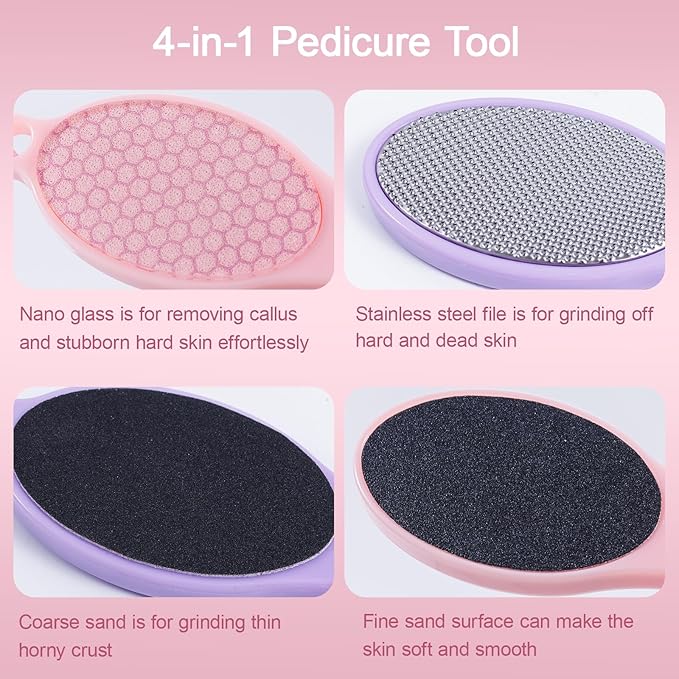 4-Sided Nano Glass Foot Callus Remover, Professional Foot File (Glass, Rasp & Sand Paper), Durable Foot Scrubber Pedicure Tools for Hard Dead Skin Remover, Soft Smooth Feet, 2 Pcs Purple