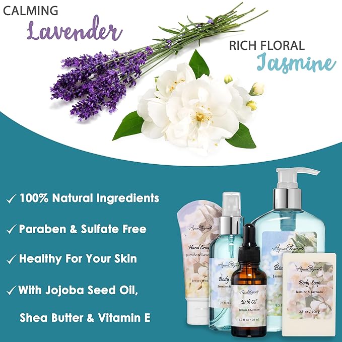 Aqua Elegante Full Spa Gift Set - 15 Piece Premium Bath Basket with Wash, Bubbles, Lotion, Salts, Body Scrub, Towel, Shower Puff, Bathbombs, Reusable Basket, Gifts for Women - Jasmine & Lavender