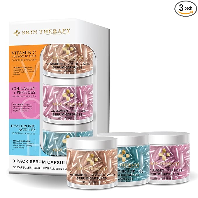 My Beauty Spot Facial Serum Capsules 3 Pack 90pcs Vitamin C Serum, Hylunaric Acid Serum, Collagen Serum for Face Anti Aging Anti Wrinkle Serum for Fine Lines