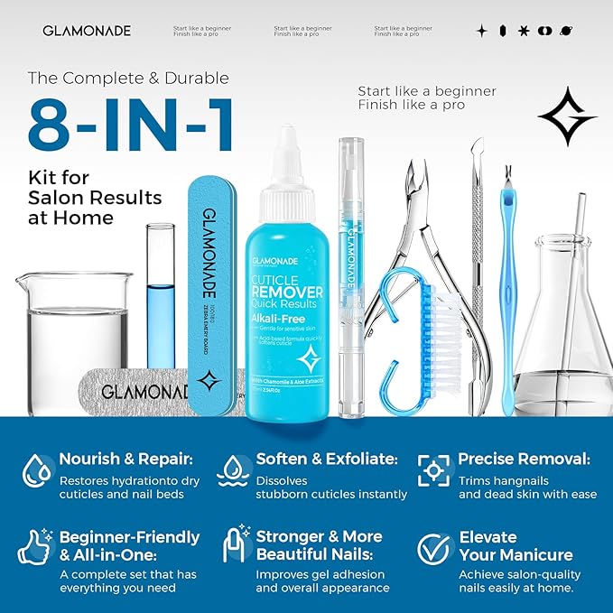 Glamonade Complete Cuticle Remover Kit – Fast & Gentle Professional Cuticle Care Set w/Remover Gel & Oil Pen, Cuticle Nipper, 2 Pushers, Nail Brush, File & Buffer for Manicure Pedicure, DIY