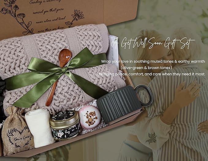 Get Well Soon Gift Basket- Relaxation, Birthday,Self Care Package, After Surgery Recovery, Sympathy Gift for Loss of Loved One, Thinking of You Set, Grief/Miscarriage for Women(Dark Green)