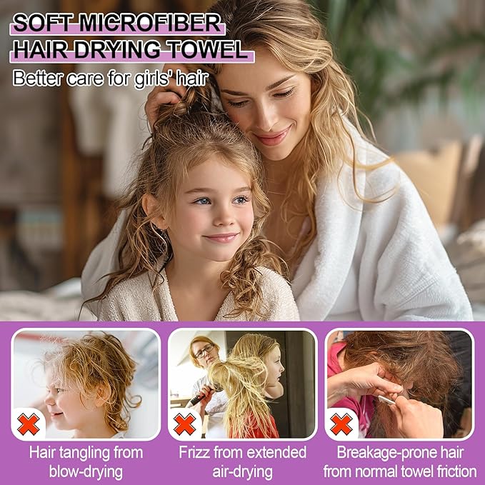 MADHOLLY Fast Drying Microfiber Hair Towel for Kids Women - 3 Packs Soft Super Absorbent Hair Towel Wrap with Button, Anti-Frizz Turban for Thicker Curly Long Hair, Mermaid Pattern Gift for Girls