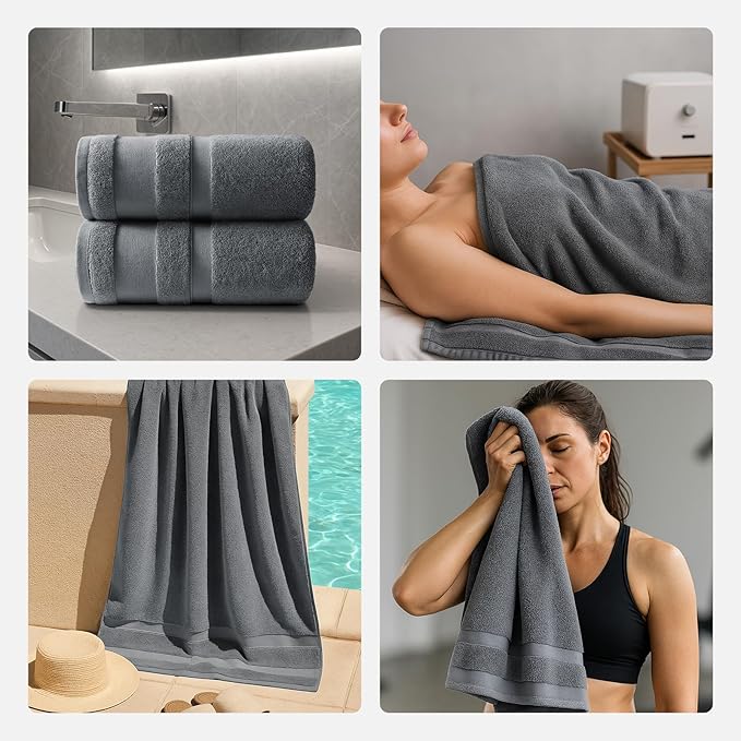 REDKISS 100% Cotton Bath Towels Set of 2, Extra Large Bath Sheets 35 X 70 Inches, 800G, Quick Dry, Ultra Soft & Super Absorbent Bathroom Towel Sets for Bathroom, Gym, Spa, Pool & Hotel, Grey