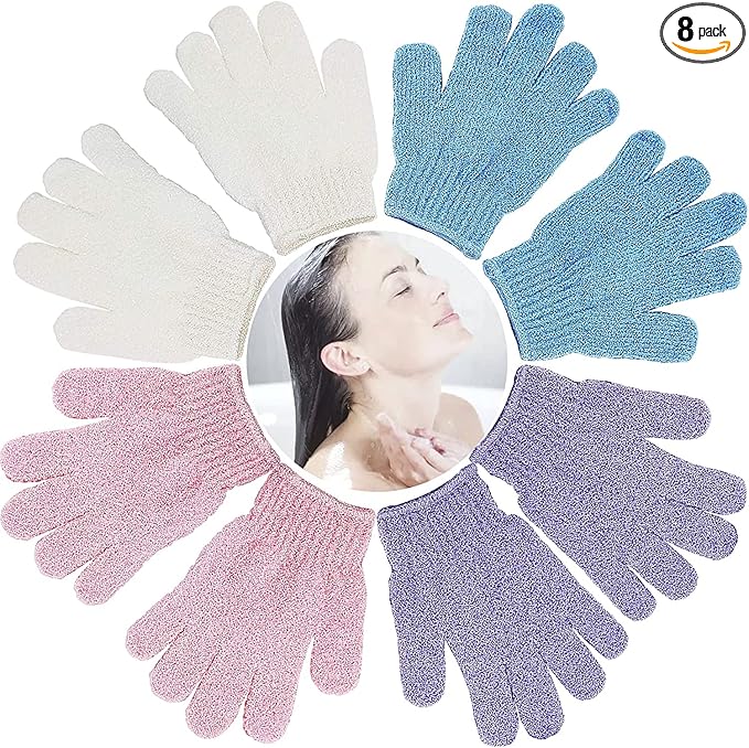 8 PCS ROTOPATA Deep Exfoliating Gloves Mitt with Hanging Loop for Shower, Spa, Body Scrubs, Dead Skin Cell Remover Bathing Accessories