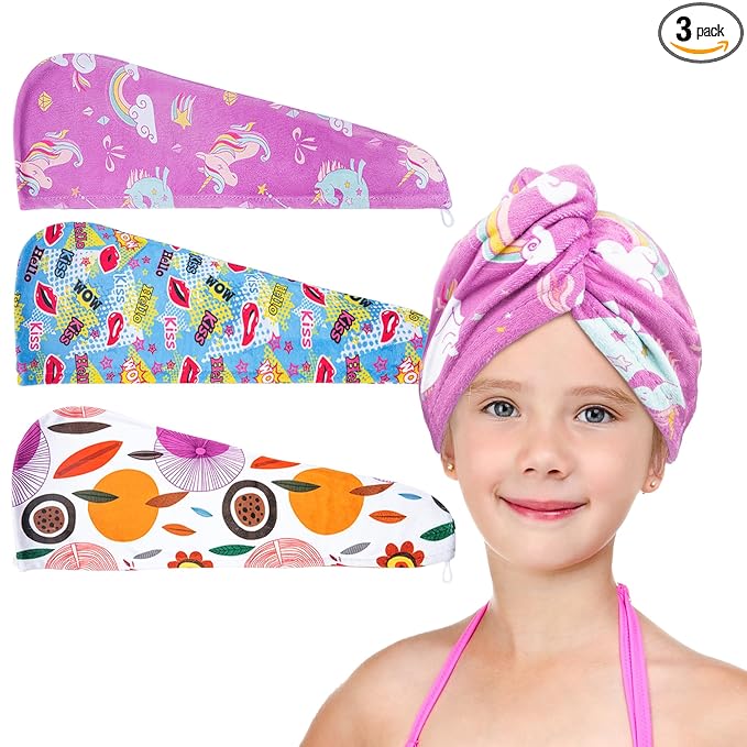 ELLEWIN Microfiber Hair Drying Towels for Kids, 3 Pack Wet Hair Towel Wrap Turban for Girls Children Women, Quick Dry Twisty Hair Towels Wrap for Curly Long Thick Hair Anti Frizz