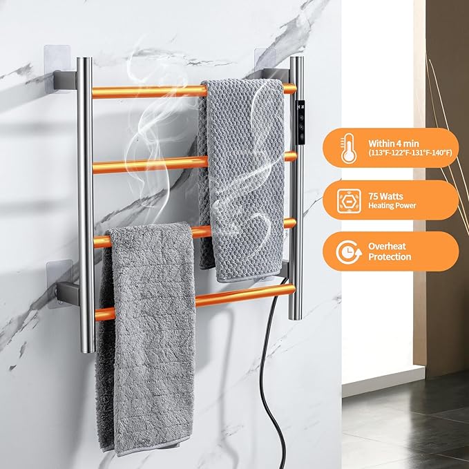 Heated Towel Racks,4 Bars Towel Warmer Rack for Bathroom, Wall Mounted Electric Towel Warmer with Timer, Plug-in/Hardwired Towel Dryer Rack Chrome