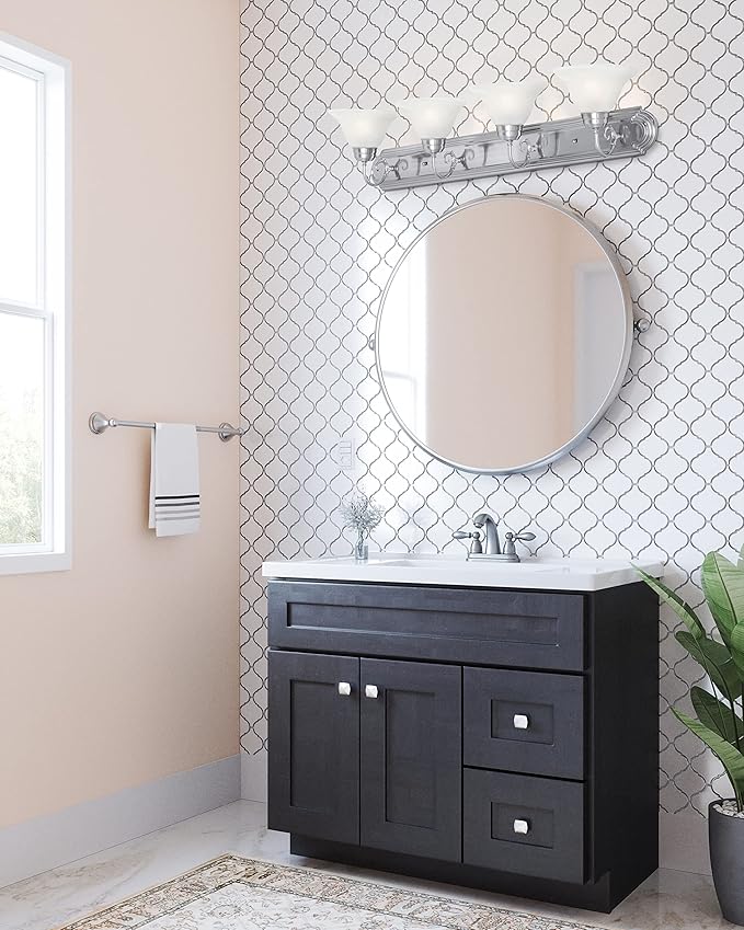 Design House 519215 Millbridge Vanity Light Dimmable with Frosted Glass for Above Bathroom Mirror, Satin Nickel, 4-Light