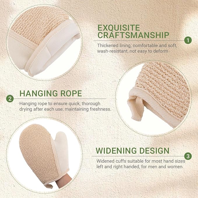 Exfoliating Glove Bath Mitts for Shower, Hemp Body Gloves for Shower Exfoliating, Body Exfoliator Glove Gentle on Skin, Deep Cleansing, 2 Pack of Shower Gloves Exfoliating for Women (White Mitt)