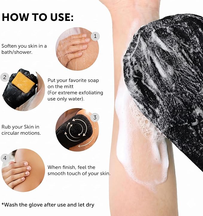 Valitic Exfoliating Glove Body Scrubber - Exfoliating Mitt Dead Skin Remover, Shower Face and Body Exfoliator - Korean Style Skin Scrubber Washcloth - Spray and Self Tan Remover, 1 Black