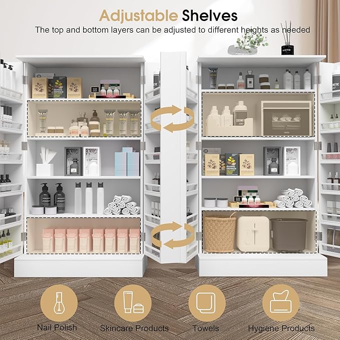 BarberPub Storage Cabinet, Multi-Functional Beauty Salon Organizer with Hinged Door, Adjustable Shelves, for Spa, 15"(L) x 15"(W) x 38.4"(H) 2024 (White)