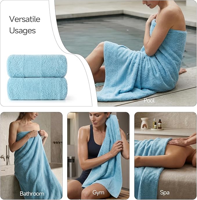 REDKISS Towels 2 Pack Luxury Extra Large Bath Towels Set 30 x 58 Inches – 100% Cotton, Ultra Soft Highly Absorbent & Quick Dry Towels for Bathroom, Gym, Hotel, Spa, Mist Blue