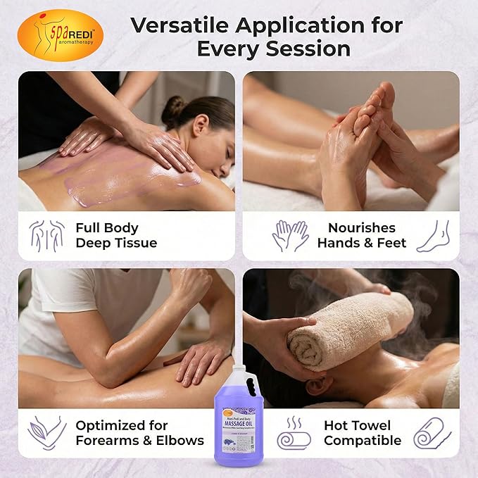 SPA REDI - Massage Oil, Lavender Wildflower, 128 Oz Professional Pedicure, Manicure, Full Body Massage Therapy, with Almond Oil, Cotton Seed Oil, Sunflower Oil, Avocado Oil, Essential Oils, Vitamin E