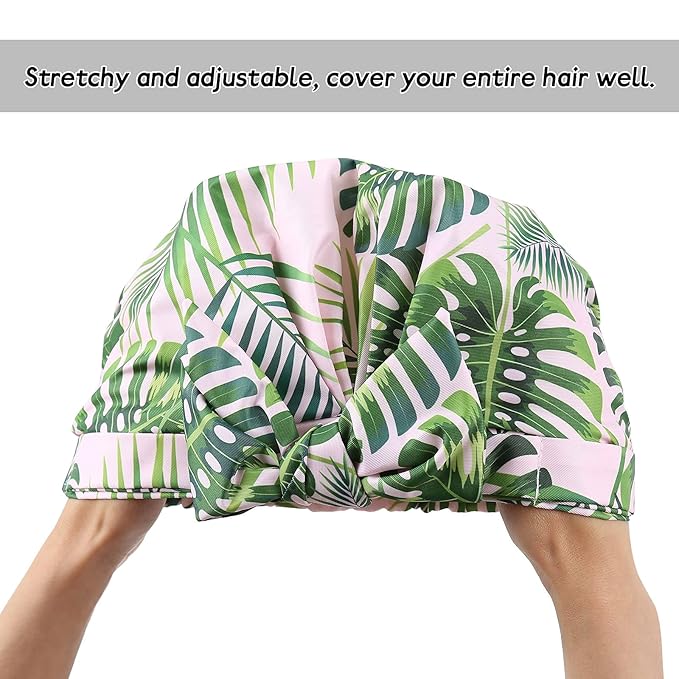Shower Cap for Women Reusable Waterproof Bath Cap for Long Hair Cap for Shower Cute Extra Large Turban Shower Cap for Braids(Plantain Leaves)