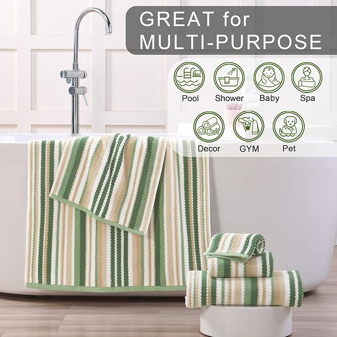 Sage Green Striped Towels Set- 100% Cotton, Quick Dry, Soft & Absorbent, 6PC Luxury Towels Set (2 Bath 28"x52", 2 Hand 16"x27", 2 Wash Cloth 13"x13"), Stripe Shower Towel with Hanging Loop
