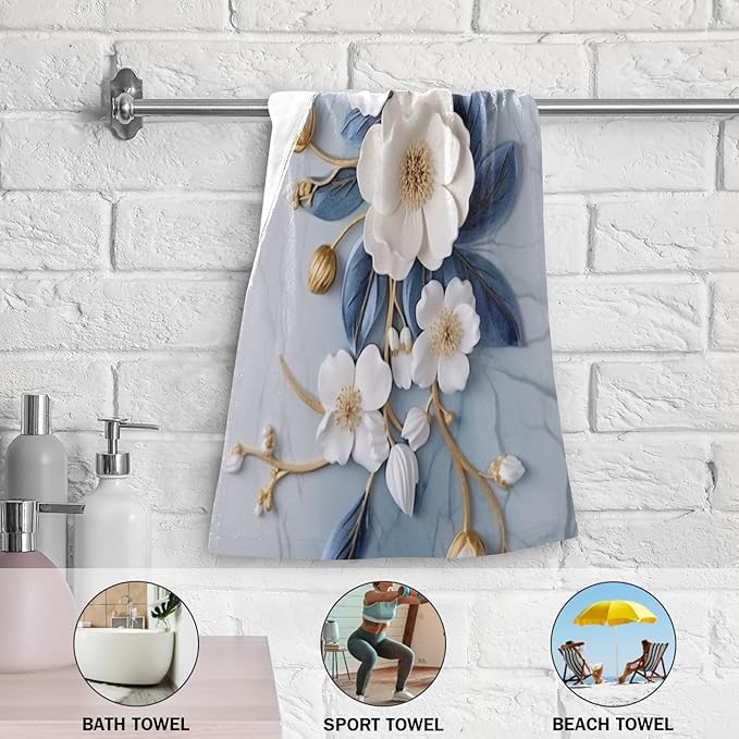 Vintage 3D Floral Hand Towels for Bathroom Set of 2,Decorative White Blue Golden Blossom Flower Branch Bathroom Towels for Bath,Face,Hair,Soft Absorbent Dish Towels for Kitchen Decor 28"x14"