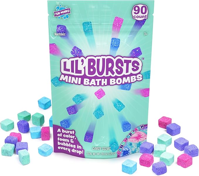 Tub Works® Lil' Bursts™ Mini Bath Bombs for Kids, 90 Count, Candy Splash | Nontoxic | Tiny Kids Bath Bombs with A Burst of Color, Foam & Bubbles | Customize Toddler Bath with Colors | Create Tub Art