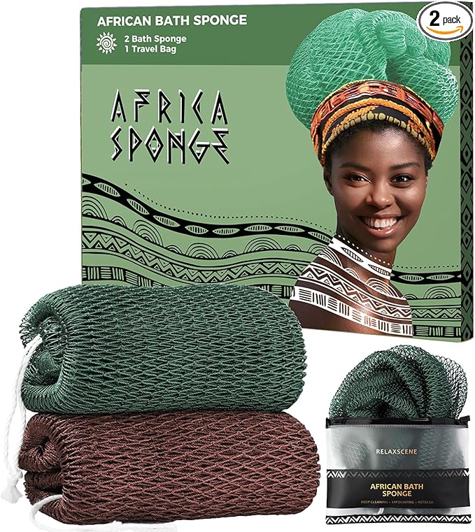 African Net Sponge Authentic - 2 Pieces Exfoliating Body Scrubber Bath Sponge - Washcloth Back Scrub for Shower Body Exfoliator - Face & Skin Care Bathroom Essentials for Women