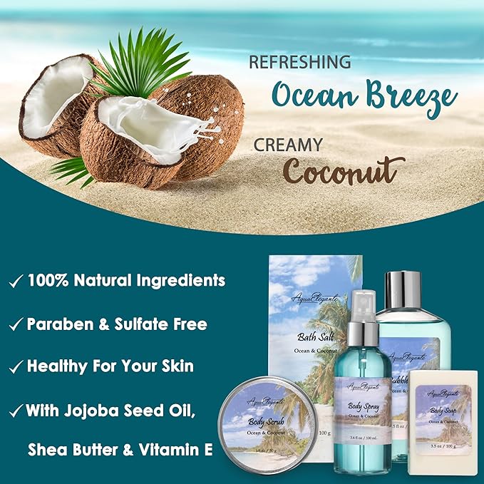 Aqua Elegante Spa Basket For Women - Deluxe Bath Set with Wash, Bubble Bath, Lotion, Salts, Body Scrub, Towel, Shower Puff, Bathbombs, Reusable Basket, Gifts for Mom, Wife, Her - Ocean & Coconut