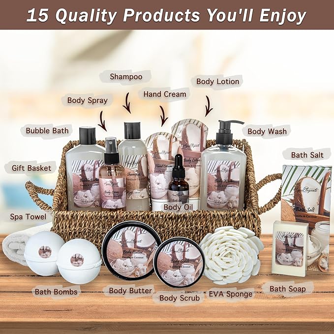 Aqua Elegante Bath Spa Gift Set - 15 Piece Premium Basket with Wash, Bubble Bath, Lotion, Salts, Body Scrub, Towel, Shower Puff, Bathbombs, Reusable Basket, Gifts for Women - Coconut & Vanilla