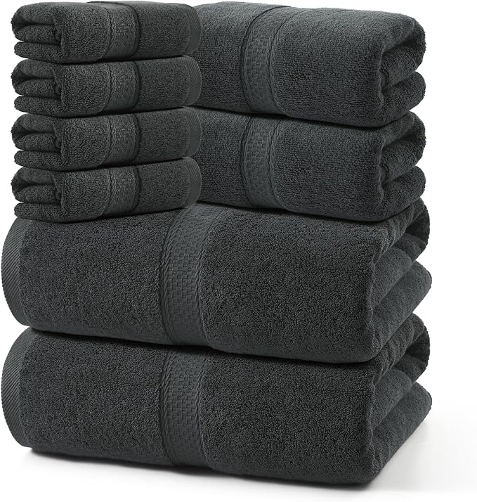 REDKISS Towels 8 Piece Luxury Bath Towel Set, 2 Bath Sheets (35x70 in), 2 Hand Towels, 4 Washcloths, 100% Cotton Super Absorbent & Quick-Dry Shower Towels for Bathroom Spa Gym Hotel Yoga - Grey