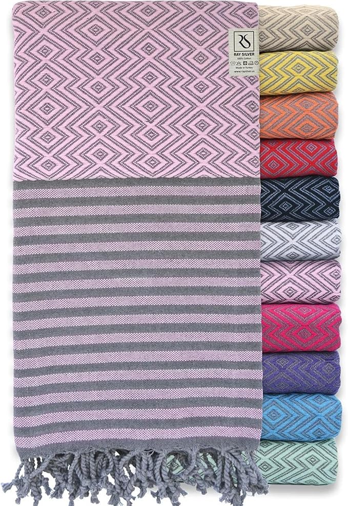 RRay Silver Turkish Beach Towel – 100% Turkish Cotton 40"x71" Quick Dry Oversized Beach Towel Sand Free Lightweight Turkish Towel for Travel Camping Bath Sauna Beach Pool Gym Yoga