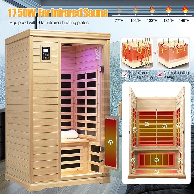 Low EMF Indoor Sauna, Infrared Sauna for Home, 2 Person Infrared Sauna, Canadian Hemlock, 9 Low EMF Heaters, 2 Chromotherapy Lights, 2 Bluetooth Speakers, 1 LED Reading Lamp, 1750W