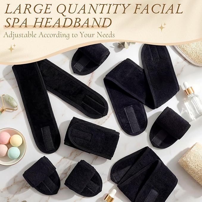 Tigeen 120 Pcs Spa Headband Facial Headbands Bulk Adjustable Hair Wraps for Women Girls Adult Skincare Makeup Shower Washing Face (Black)