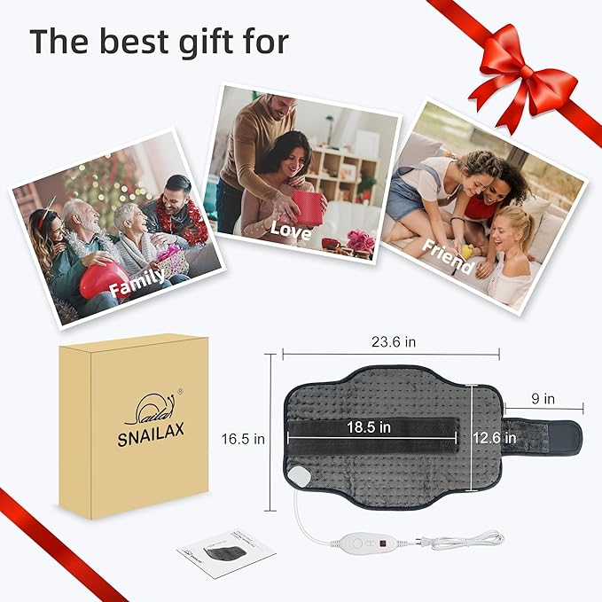 Snailax Heating Pad for Back Pain Relief，Electric Heat Pad for Period Cramps, Neck, Shoulders, Heated Pad with Adjustable Strap, 6 Heat Levels, Auto Shut Off, 16”x24”,Washable,Gifts for Mom Wife