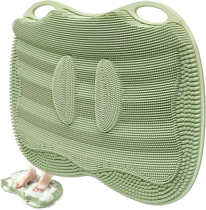 XL Shower Foot Scrubber Mat, Silicone Feet Massage Cleaner Dead Skin Toes Clean Pad without Bending Non-slip Suction Cups -Improve Circulation for Feet Beauty Exfoliate Smooth Achy 17.2*13" Sage Green