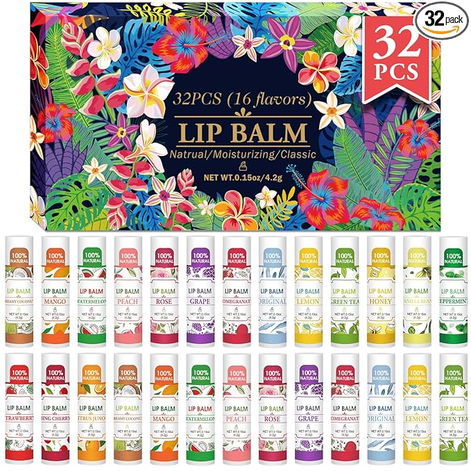 VISRIE 32 Pack Lip Balm, Natural Lip Balm Bulk with Vitamin E and Coconut Oil, Moisturizing Lip Balms for Dry Lips-16 Flavors