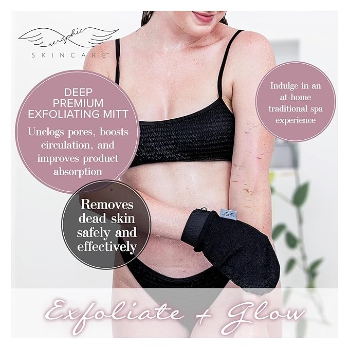 Seraphic Skincare Premium Exfoliating Mitt for Body, Deep – Viscose Fiber Korean Exfoliating Glove for Normal to Dry Skin – Body Exfoliator for Self-Tan Removal and Application