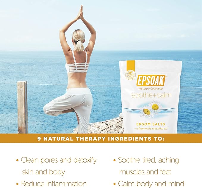 Epsoak Epsom Salt 2 lb. USP Magnesium Sulfate with Soothing + Calming Scent with Chamomile Resealable Epsom Salt Bag, Made in The USA, Cruelty-Free Certified