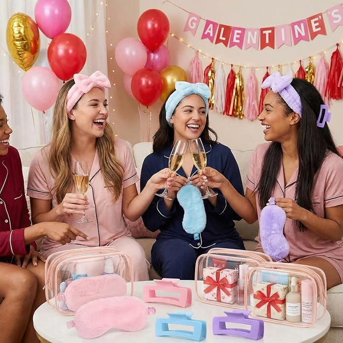 Hoteam 24 Pcs Spa Party Favors Supplies 6 Spa Headband 6 Plush Sleep Eye Mask 6 Hair Claw Clips 6 Clear Cosmetic Bags for Adult Sleepover Slumber Party Graduation Gift(Pink,Blue,Purple)