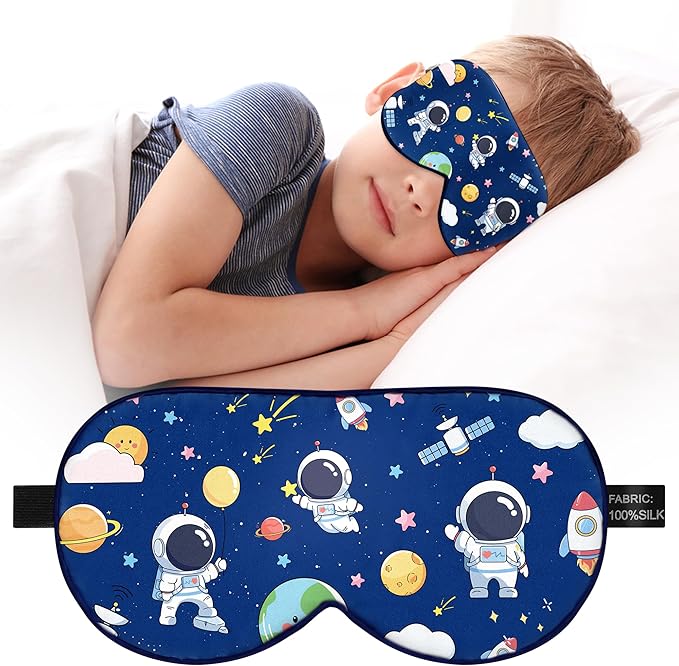 Kids Sleep Mask Eye Cover: 100% Real Natural Pure Silk Eye Mask with Adjustable Strap, Funny Blindfold Kids Eye Mask for Sleeping, Soft & Lightweight Eye Shade for Boys Girls Teens (Space Style)